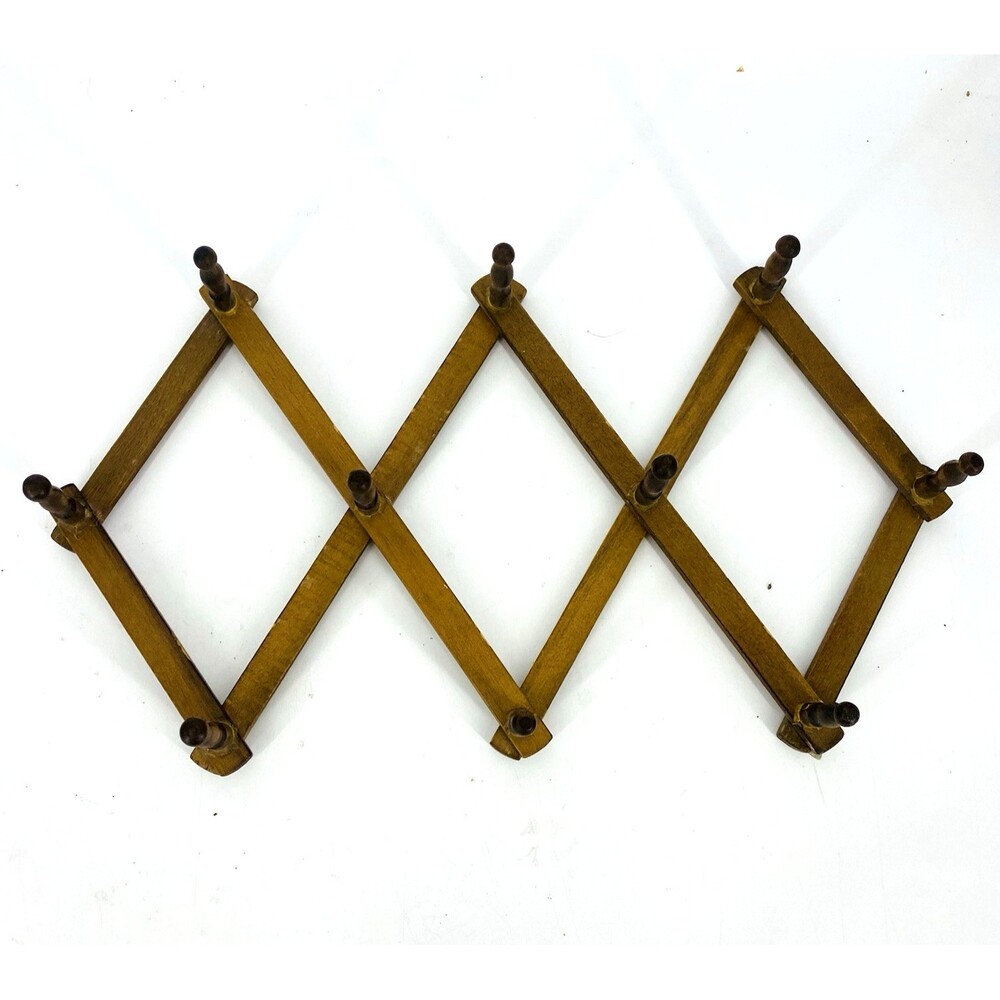 Vintage Wooden Accordion 10 Peg Rack Expandable Wall Coat Hat Hook Rustic